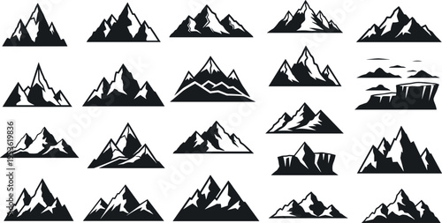 Set of mountain landscape vector icons with peaks, snow caps, cliffs, ranges and nature silhouettes in flat design style