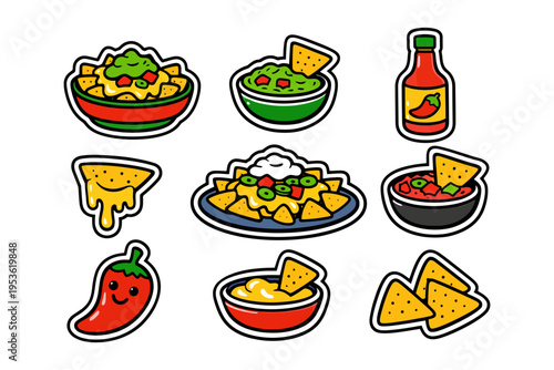 Colorful cartoon nachos with toppings and hot sauce stickers.