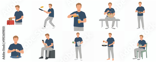 Minimalist Character Cooking and Eating Activity Illustration Set Design in Various Poses