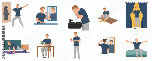 Flat Style Daily Routine Illustration of Man in Various Activities
