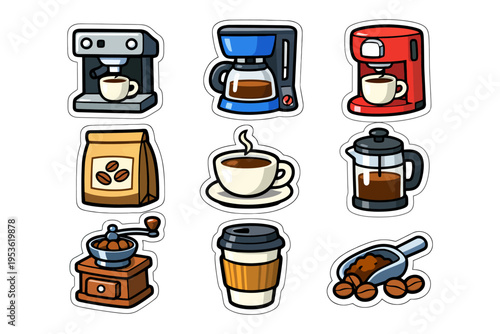 Collection of coffee makers and accessories including grinder, french press, and espresso machine.