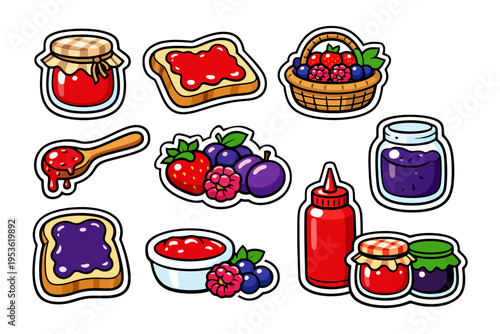 Colorful fruit jam collection with berries and toast illustrations.
