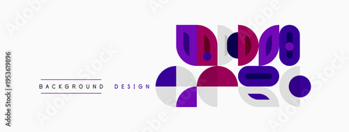 Abstract geometric shapes, purple hues dominate design. Minimalist composition with white background, clean lines present. Modern aesthetic.