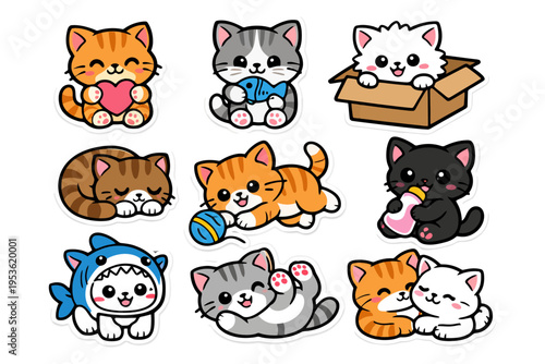 Cute cartoon kittens in various adorable poses with playful accessories.