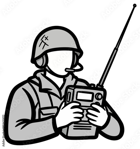 Military Soldier with Helmet and Walkie Talkie Communication Gear