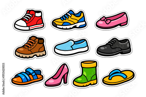 Colorful cartoon shoe collection including sneakers and sandals.