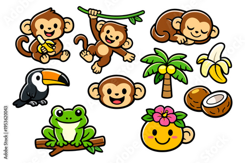 Cartoon jungle animals and tropical fruits with monkeys, toucan, frog, palm tree, coconut.