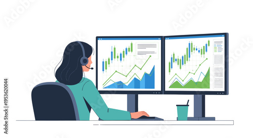 Female Trader Monitoring Stock Market Charts on Dual Monitors Illustration