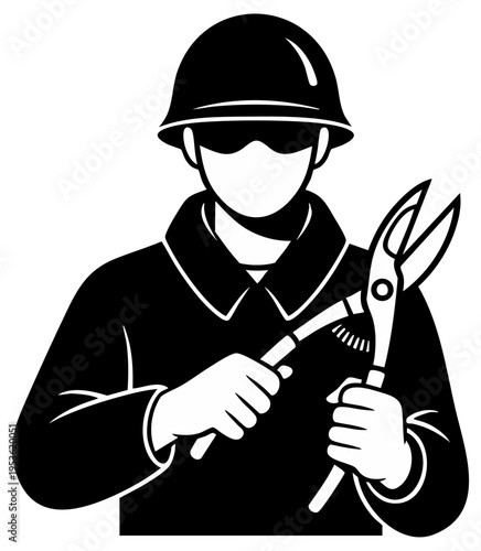 Worker with Helmet and Safety Goggles Holding Large Metal Shears