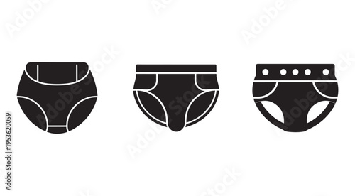 Three black silhouette underwear icons for women and baby  various styles and designs  briefs and diapers  isolated on white background