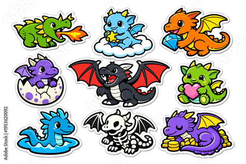 Colorful cartoon baby dragons in playful poses and fantasy themes.