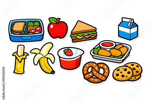 Colorful assortment of lunch items with fruits and snacks.