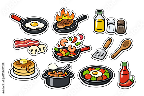 Colorful cooking icons: breakfast, vegetables, cooking utensils, spices, condiments.