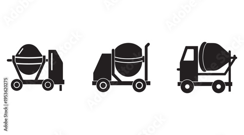 Three black silhouettes of cement mixers on wheels with round drums and handles used for mixing concrete isolated on white background