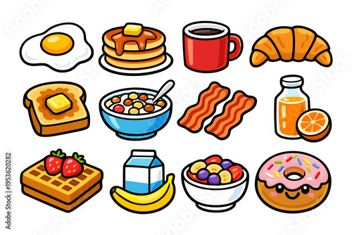 Colorful cartoon breakfast foods including pancakes and coffee.