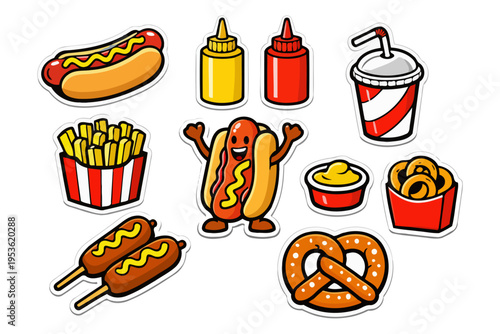 Cartoon fast food stickers with hot dogs, fries, and condiments.