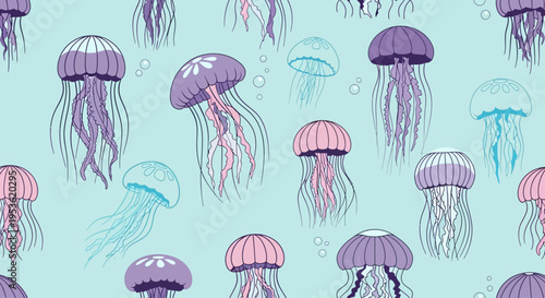 Colorful jellyfish swimming in ocean.