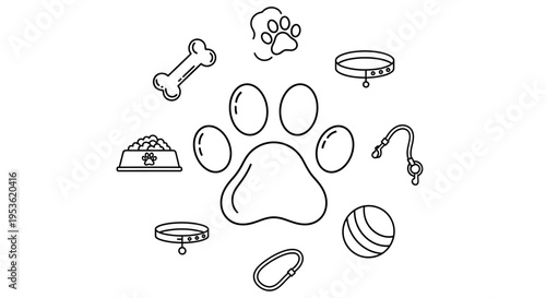 Dog Paw and Pet Accessories Icon.