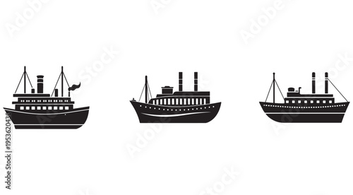 Three black silhouettes of different old fashioned steamships with smokestacks and masts on white background  ships  boats  vessels