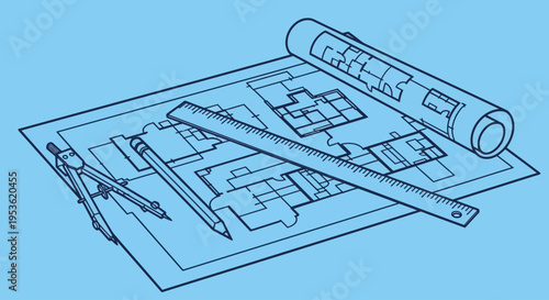 Blueprints and drafting tools on table.