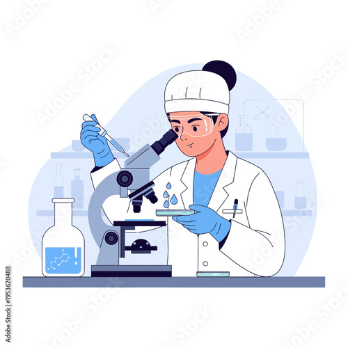 Female scientist diligently working with a microscope and pipette in a modern laboratory setting, conducting crucial research and experiments.