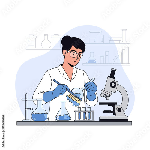 Scientist cleaning laboratory equipment with brush and microscope nearby