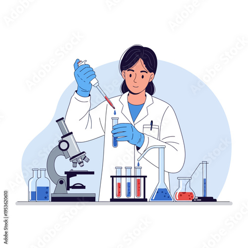 A female scientist conducts an experiment in a modern laboratory with various scientific equipment