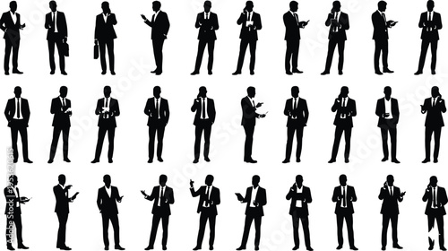 Business men silhouette set, professional male figures in different poses using phone tablet documents, corporate people vector isolated background