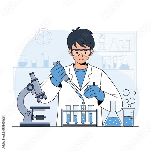 Young scientist conducting an experiment with a pipette and microscope in a laboratory setting