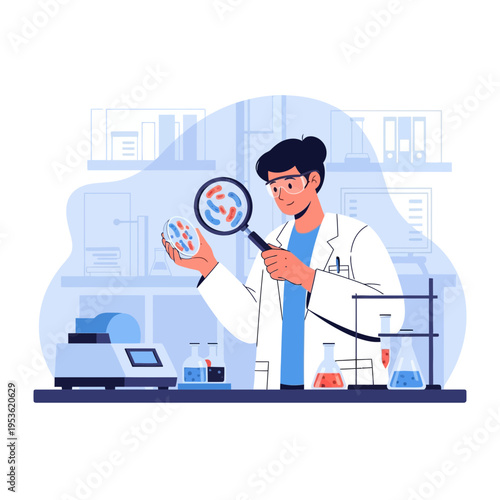 Scientist in lab coat examining bacteria culture under magnifying glass in a modern laboratory