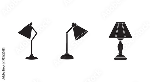 Three black silhouettes of table lamps with different shapes and designs on white background  modern home lighting fixtures