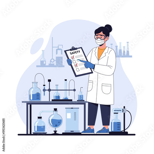 Scientist checking safety checklist in a detailed laboratory setting