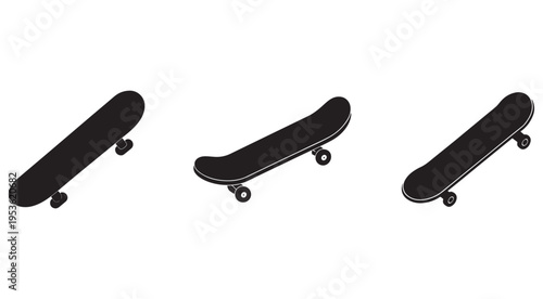 Three black skateboards with wheels in different positions on white background  skateboard silhouettes for design and illustration