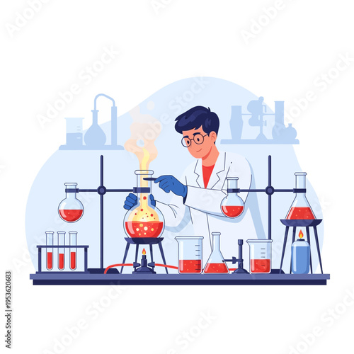 Young scientist meticulously conducting a chemical experiment with bubbling liquids in a laboratory setting