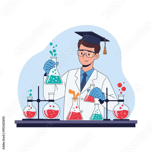 A scientist wearing a graduation cap and goggles conducts an experiment in a colorful laboratory