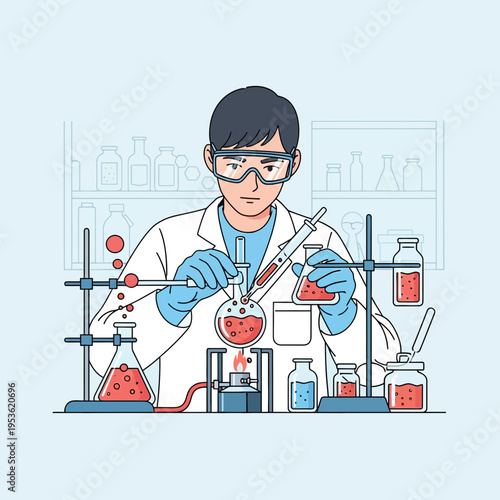 A male scientist carefully conducting a chemical experiment in a laboratory setting