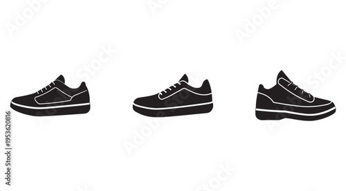 Three black sneakers with white outlines and laces side view athletic shoes with thick soles and casual footwear designs  isolated on white background