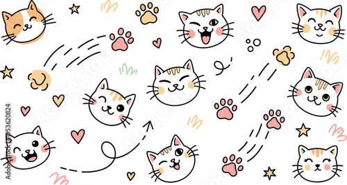 Set of cute cat faces with paw prints, hearts and playful doodle elements in kawaii cartoon vector illustration style