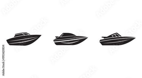 Three black speedboats with white stripes in different positions and angles  fast watercraft