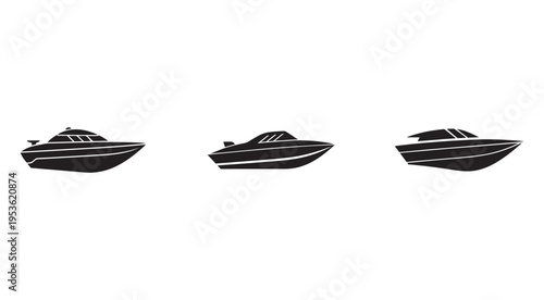 Three black speedboats with white stripes sailing on water  side views  isolated on white background