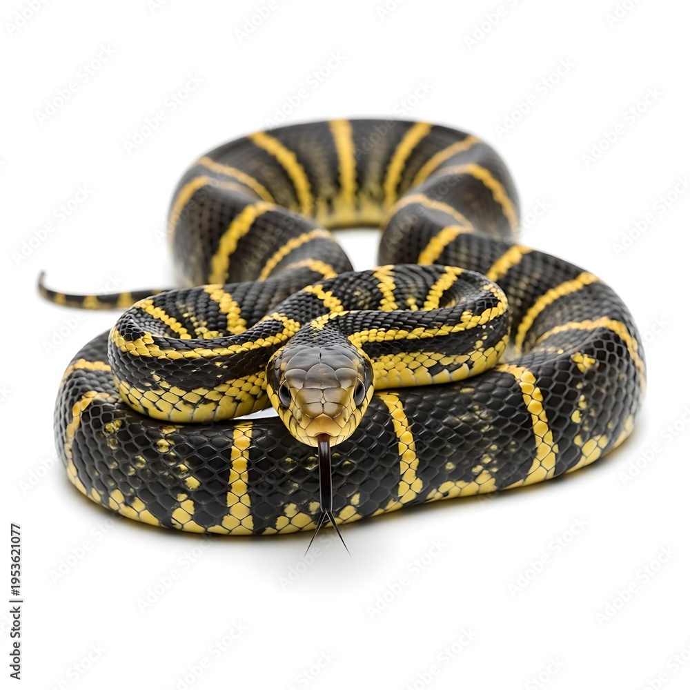 Fototapeta premium Coiled yellow and black striped snake on white background
