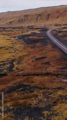 Curving Road Through Golden Moss Lava Field