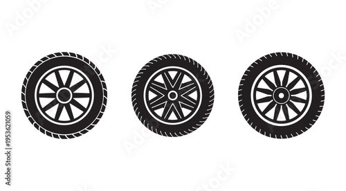 Three black tire icons with different tread patterns and wheel designs  isolated on transparent background