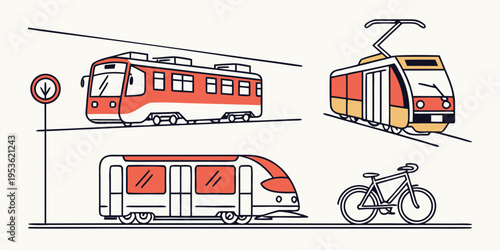 A drawing of a train, a tram, a trolley and a bicycle