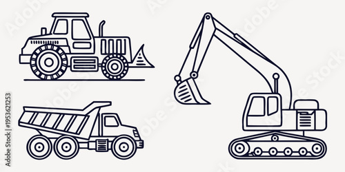 Construction vehicles including a bulldozer dump truck and excavator