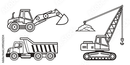 Construction vehicles including excavator and crane