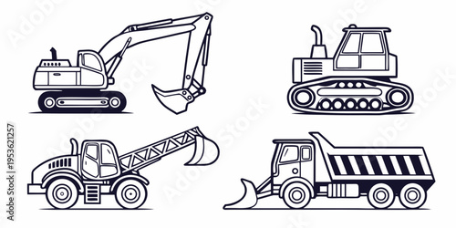 Construction vehicles including excavator and dump truck