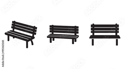 Three black wooden benches in different angles and positions for design and decoration  furniture  outdoor  indoor  park  garden  seating