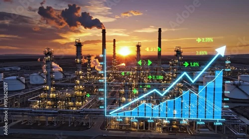 Industrial oil refinery at sunset featuring digital financial statistic graph showing positive growth and energy market stock development concept with data visualization overlay background.