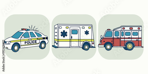 Emergency vehicles including police car ambulance and fire truck